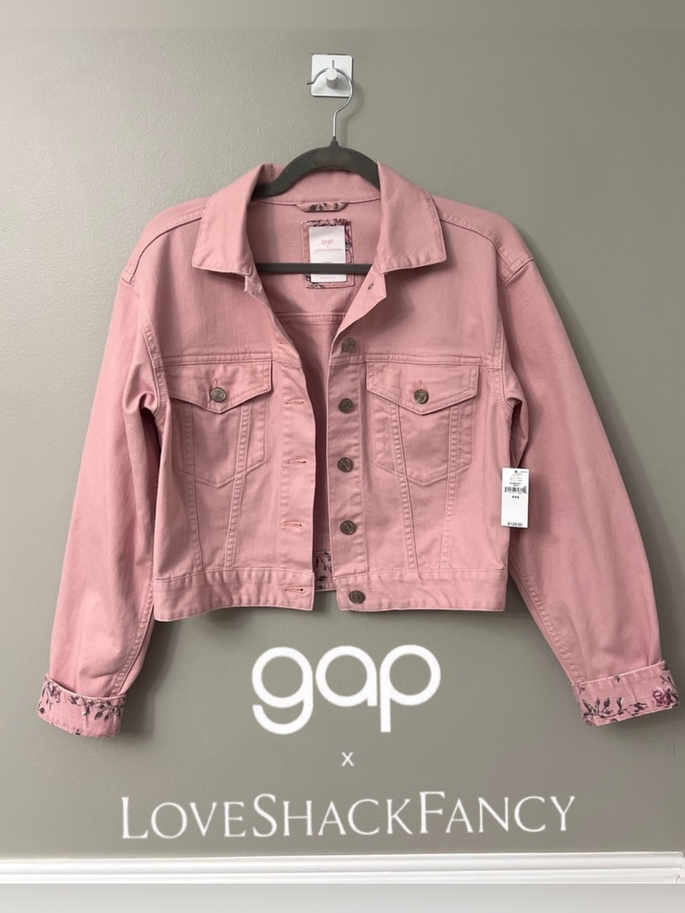 NWT✨GAP x LOVESHACKFANCY Pink Cropped Denim Jacket OVERSIZED Size XXS